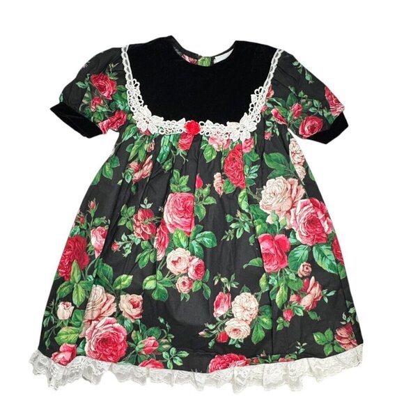 Vintage 80s/90s Girls YOUNGLAND Christmas Holiday Dress Black Rose size 5 - Picture 1 of 7